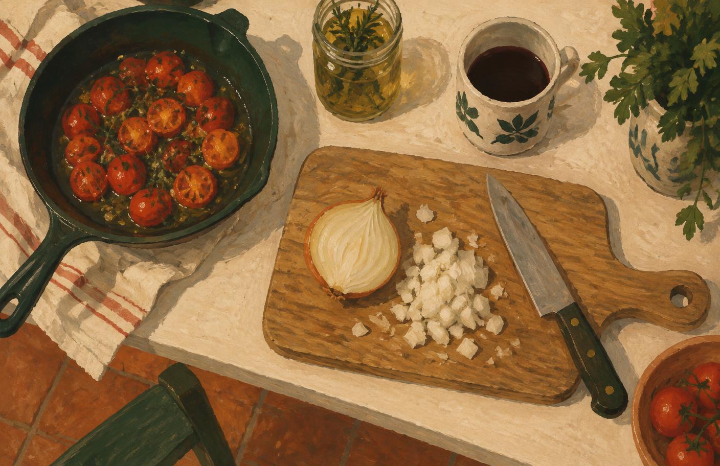 Painted overhead view of a single-person kitchen counter with a pan of tomatoes, half an onion, a knife, a jar and a mug.